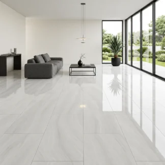 Dolomite Onyx Porcelain Tile 24x48 featuring a soft white and light gray onyx-inspired pattern with delicate flowing veins, displayed on a white background.