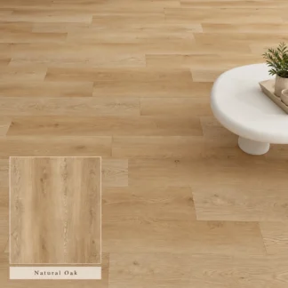 Natural Oak 4.5 mm SPC Vinyl Flooring featuring three light oak wood-look planks with realistic grain patterns on a clean white background.