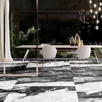 Panda Natural porcelain tile with black and white marble veins installed by The Flooring District in Tampa, Florida.