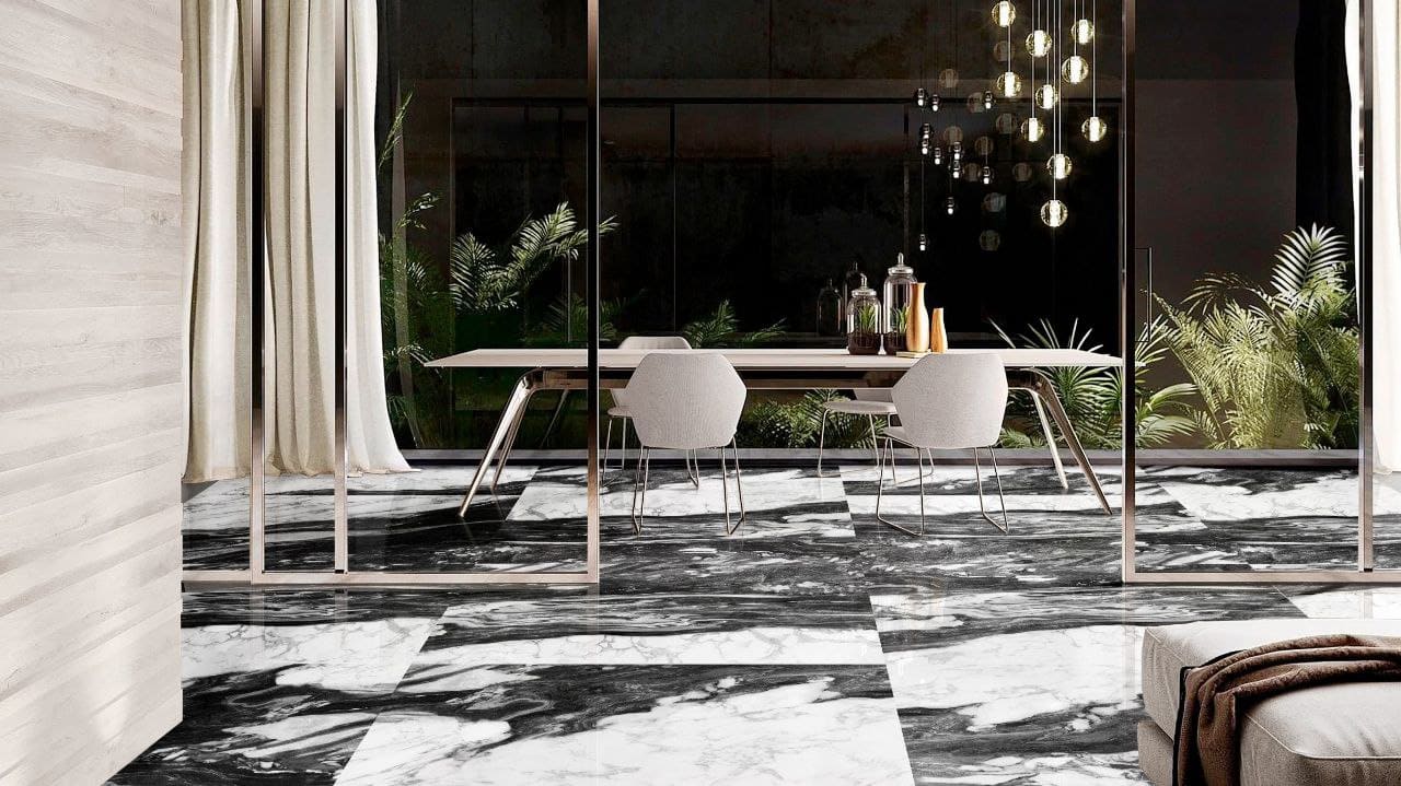 Panda Natural porcelain tile with black and white marble veins installed by The Flooring District in Tampa, Florida.