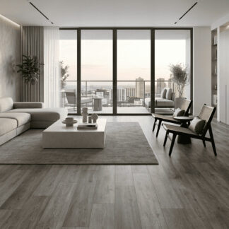 Affogato SPC vinyl flooring with a smoky grey wood look installed in a modern industrial living room by The Flooring District in Tampa, Florida.