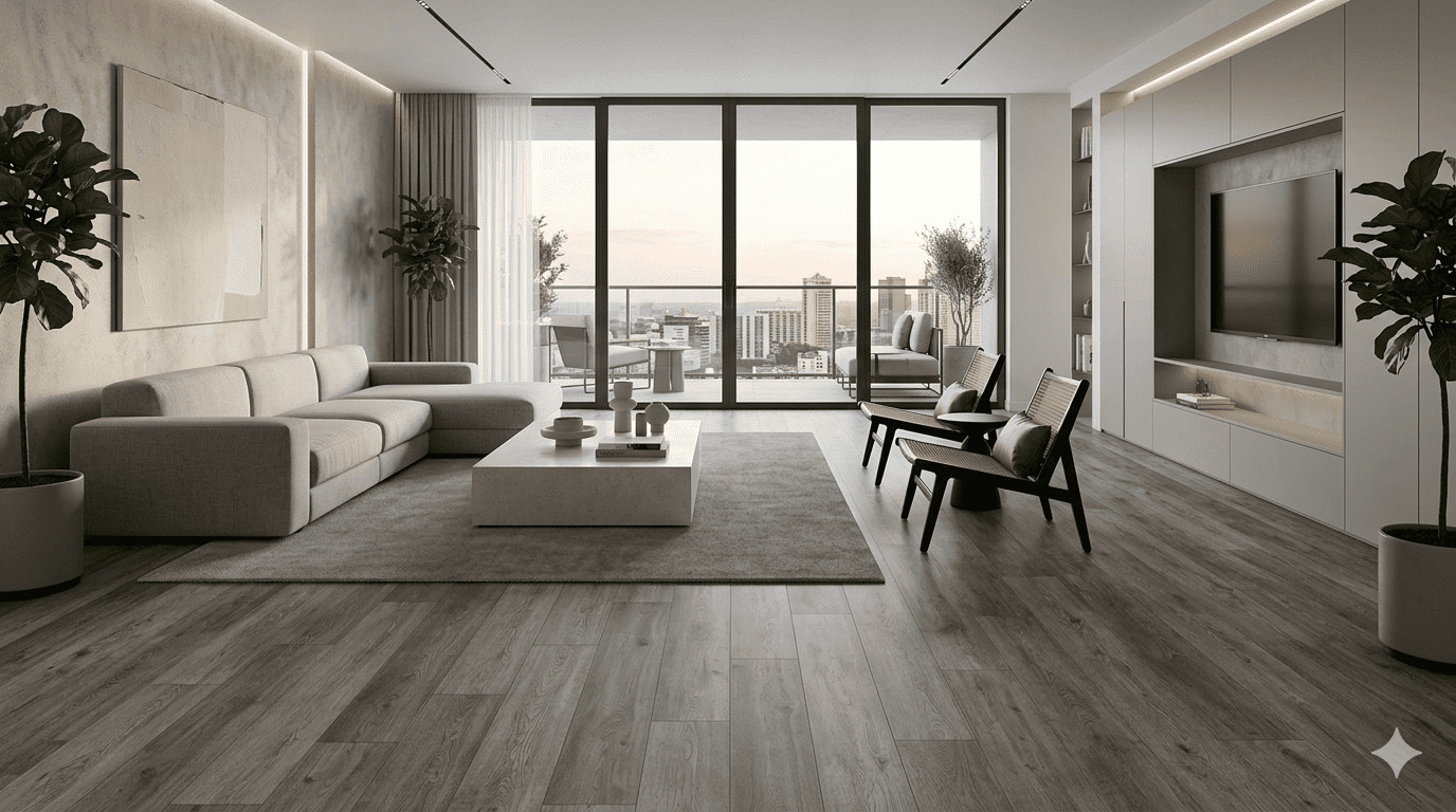 Affogato SPC vinyl flooring with a smoky grey wood look installed in a modern industrial living room by The Flooring District in Tampa, Florida.