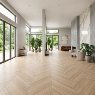 Bohemian Miele 24x48 porcelain tile with chevron pattern at The Flooring District showroom in Tampa Florida.