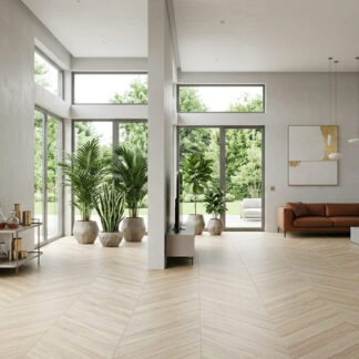 Bohemian Miele 24x48 porcelain tile with chevron pattern at The Flooring District showroom in Tampa Florida.
