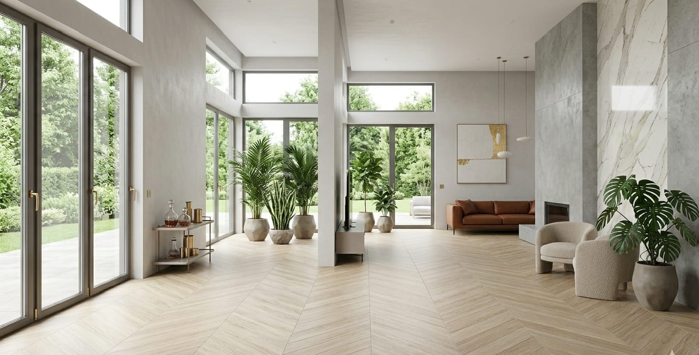 Bohemian Miele 24x48 porcelain tile with chevron pattern at The Flooring District showroom in Tampa Florida.