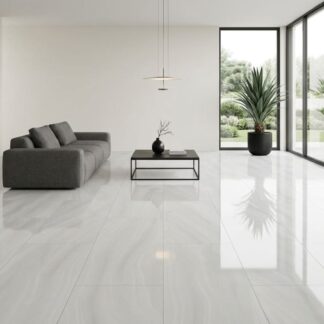 Dolomite Onyx high-gloss porcelain tile with translucent white veins installed in a luxury Tampa home by The Flooring District.