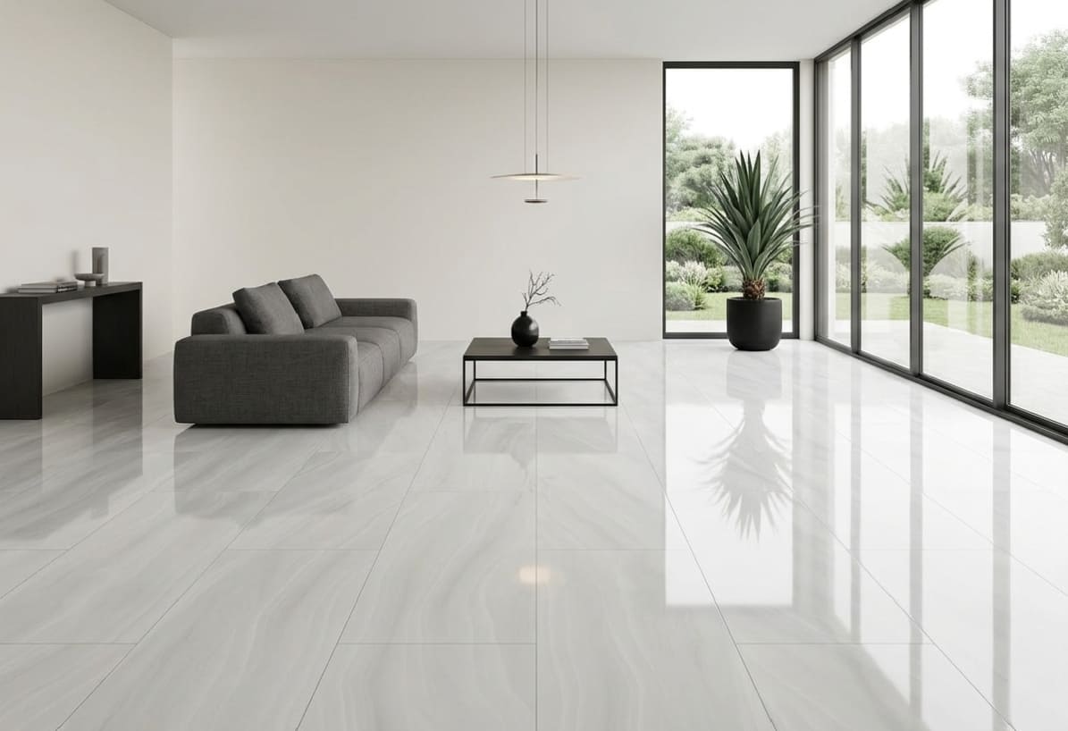 Dolomite Onyx high-gloss porcelain tile with translucent white veins installed in a luxury Tampa home by The Flooring District.