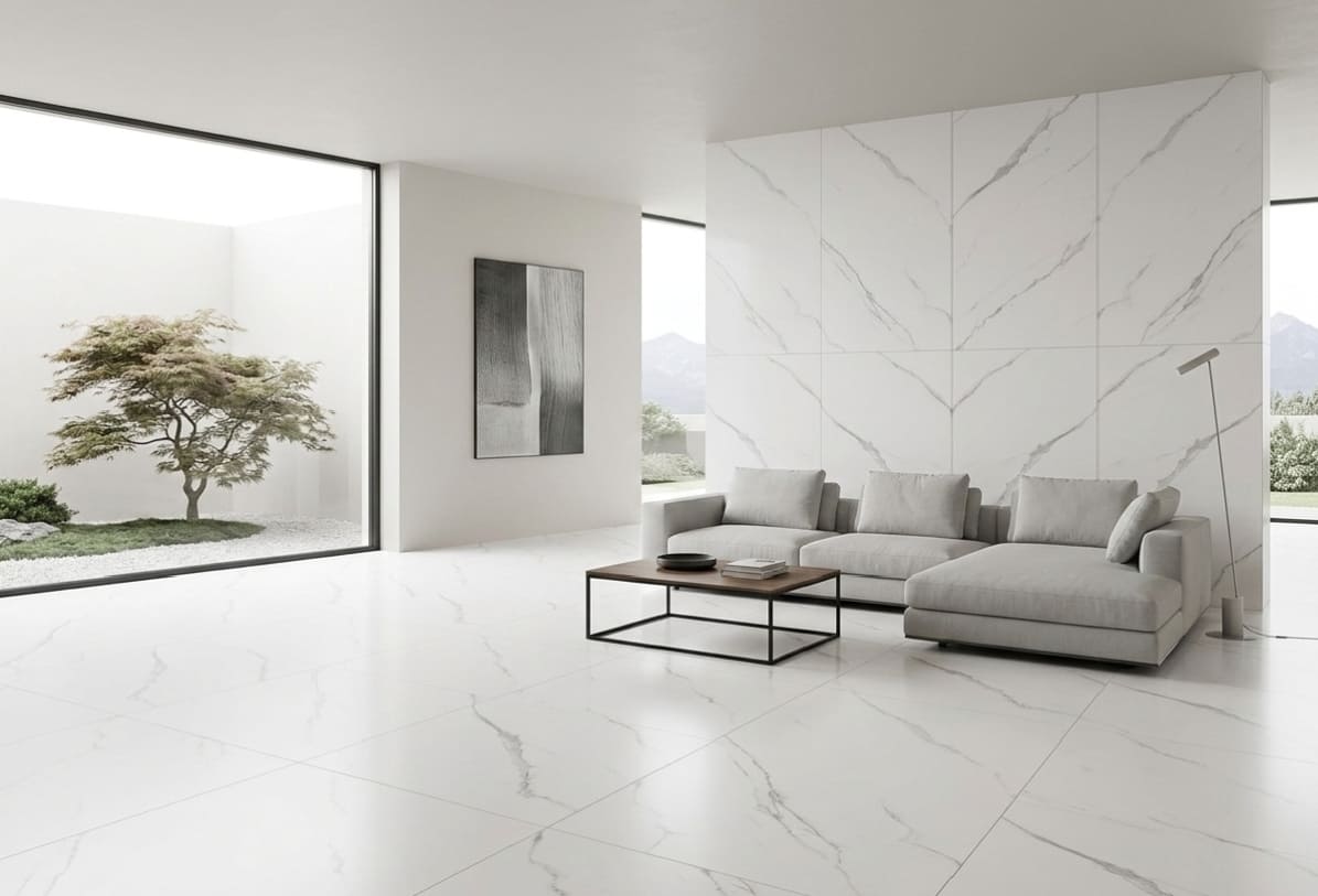 Endless Artic Stone $24 \times 48$ porcelain tile with white marble veins installed by The Flooring District in Tampa, Florida.