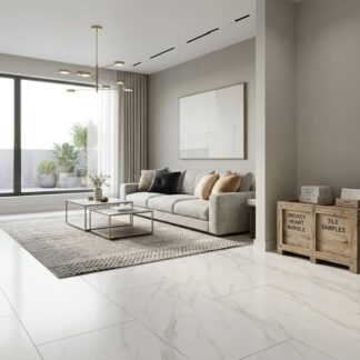 Endless Statuario Pearl Satin Matt porcelain tile with soft marble veins installed by The Flooring District in a minimalist Tampa home.