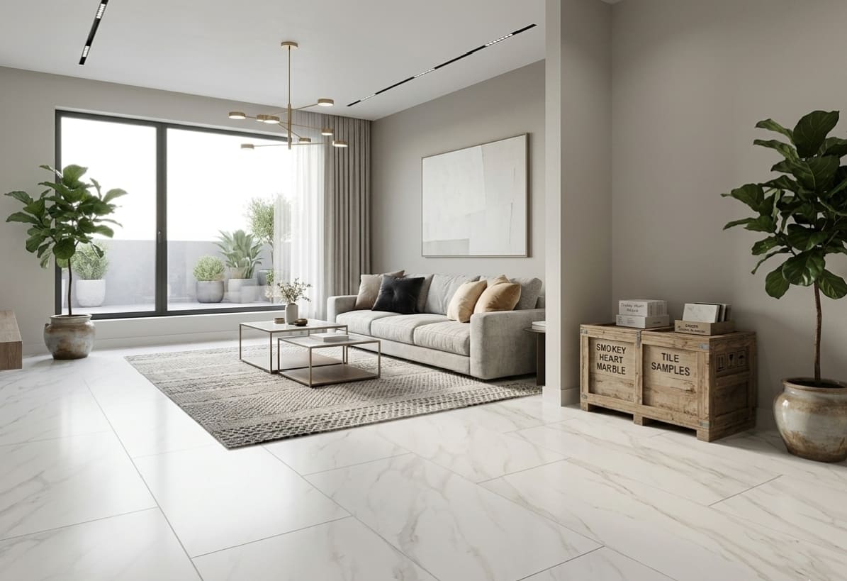 Endless Statuario Pearl Satin Matt porcelain tile with soft marble veins installed by The Flooring District in a minimalist Tampa home.