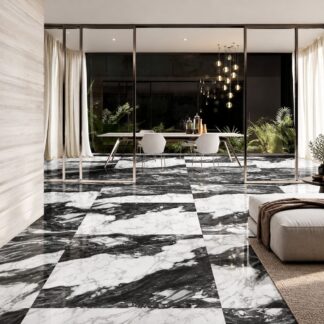 Panda Natural porcelain tile with black and white marble veins installed by The Flooring District in Tampa, Florida.