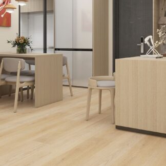 Praline SPC vinyl flooring with a honey oak wood look installed in a modern Japandi living space by The Flooring District in Tampa, Florida.