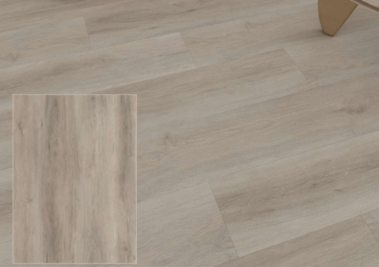 Smoky Oak SPC vinyl flooring with a modern greige wood look installed in a contemporary living room by The Flooring District in Tampa, Florida.