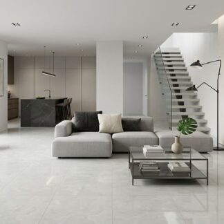 Endless Mist Onyx polished porcelain tile with a high-gloss grey stone look and continuous veining for luxury flooring by The Flooring District in Tampa, Florida.