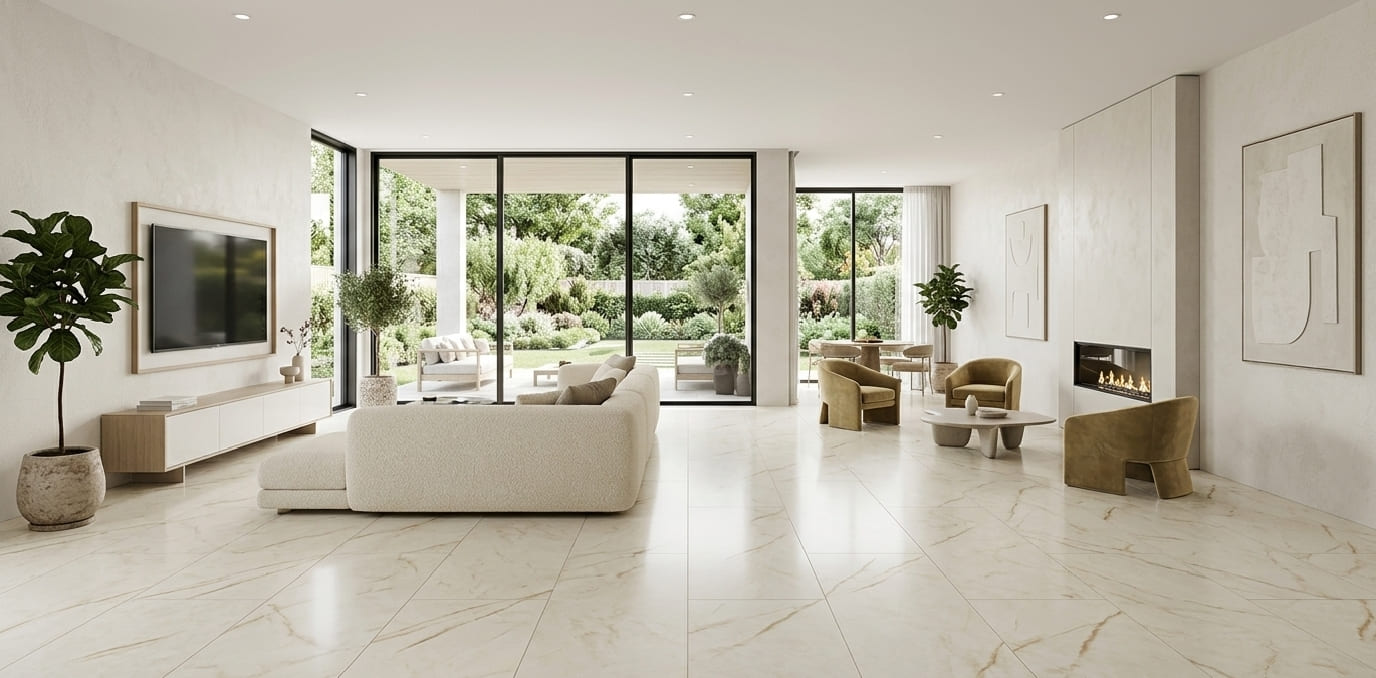 Endless Pietra Nacar 24x48 porcelain tile with a polished finish and continuous veining for luxury floors by The Flooring District in Tampa, Florida.