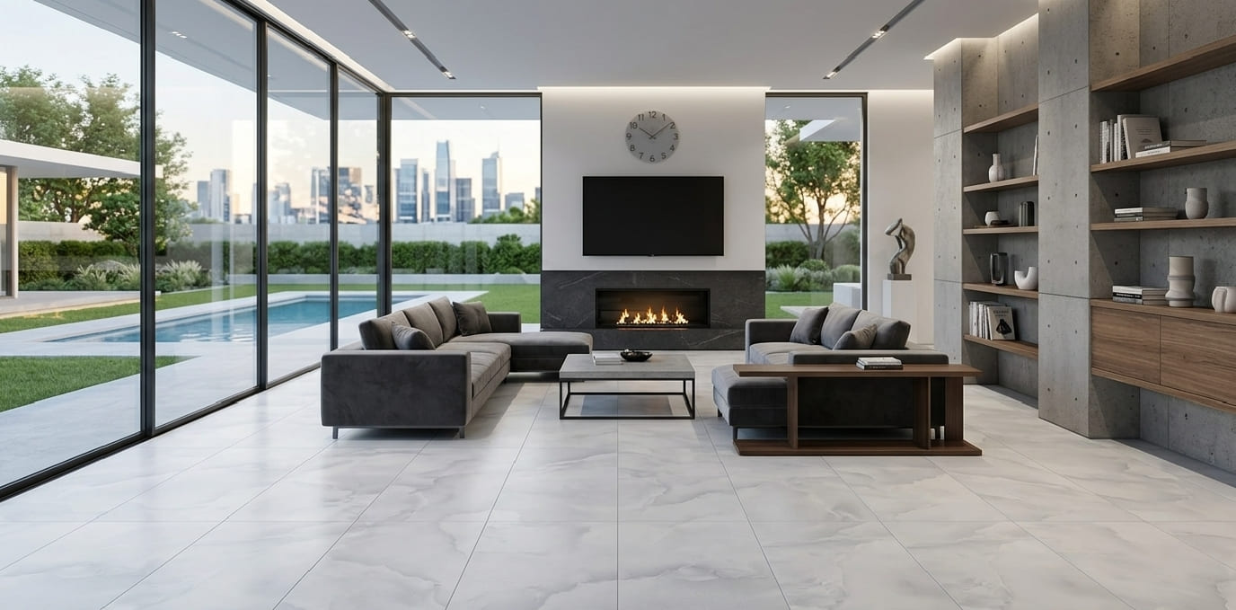 Haze Light Grey satin matt porcelain tile with a soft-touch finish and minimalist grey design for modern flooring by The Flooring District in Tampa, Florida.