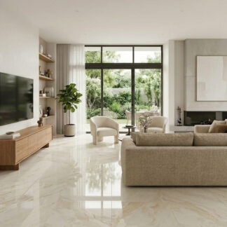 Sienna Marble polished porcelain tile with a high-gloss warm beige marble look installed in a luxury living room by The Flooring District in Tampa, Florida.