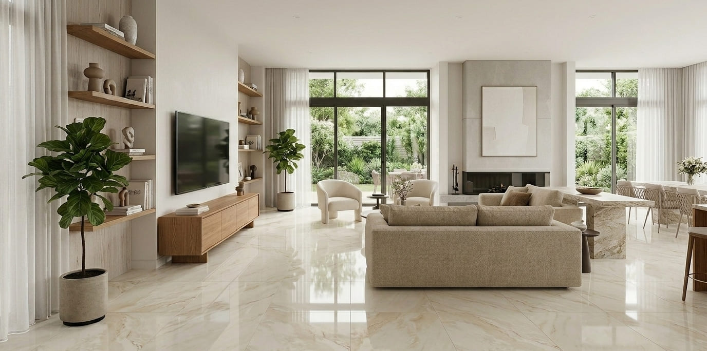 Sienna Marble polished porcelain tile with a high-gloss warm beige marble look installed in a luxury living room by The Flooring District in Tampa, Florida.