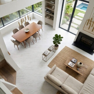 Statuario Classic Beige 24x24 porcelain tile with a polished white and warm beige marble look for luxury interior design by The Flooring District in Tampa, Florida.