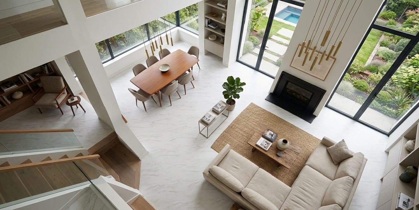 Statuario Classic Beige 24x24 porcelain tile with a polished white and warm beige marble look for luxury interior design by The Flooring District in Tampa, Florida.