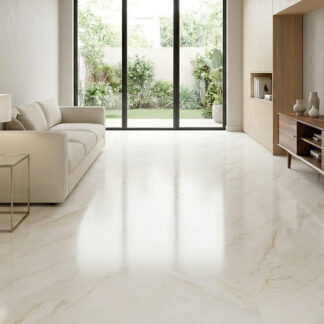 Toscani Marble satin matt porcelain tile featuring a white base with gold and amber veining for luxury flooring by The Flooring District in Tampa, Florida.