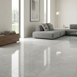 Amalfi Silver 32x32 polished porcelain tile featuring a light grey base and fine white linear veining for modern floors and walls by The Flooring District in Tampa, Florida.