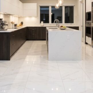 Marmi Delicato polished porcelain tile featuring a bright white base and subtle grey veining for a clean modern floor by The Flooring District in Tampa, Florida.