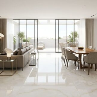 Onice Latte 40x40 polished porcelain tile with a high-gloss cream onyx look and warm ivory tones for luxury residential flooring by The Flooring District in Tampa, Florida.