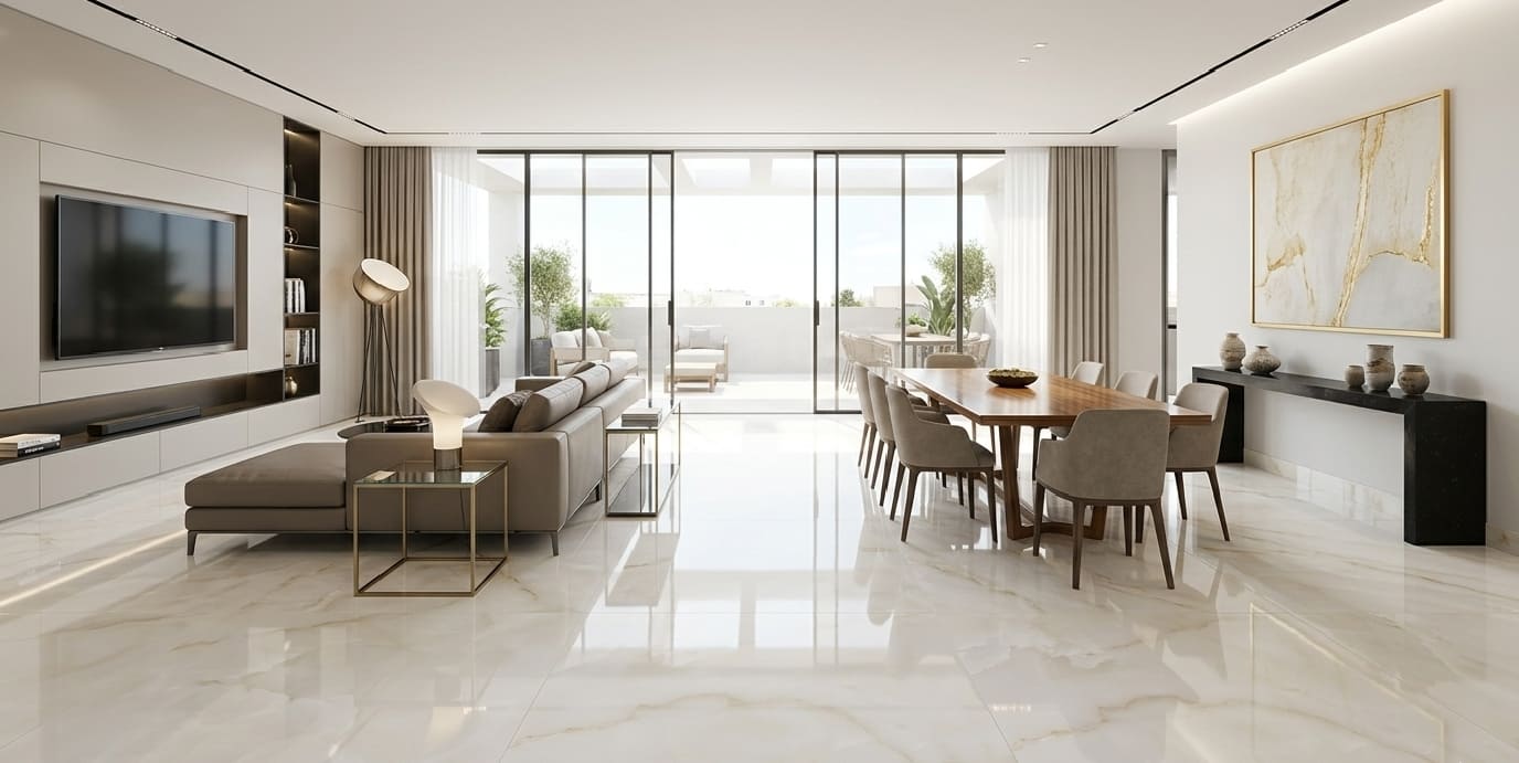 Onice Latte 40x40 polished porcelain tile with a high-gloss cream onyx look and warm ivory tones for luxury residential flooring by The Flooring District in Tampa, Florida.