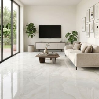 Onico Bianco 24x48 polished porcelain tile featuring a high-gloss crystalline white onyx look for luxury home design by The Flooring District in Tampa, Florida.