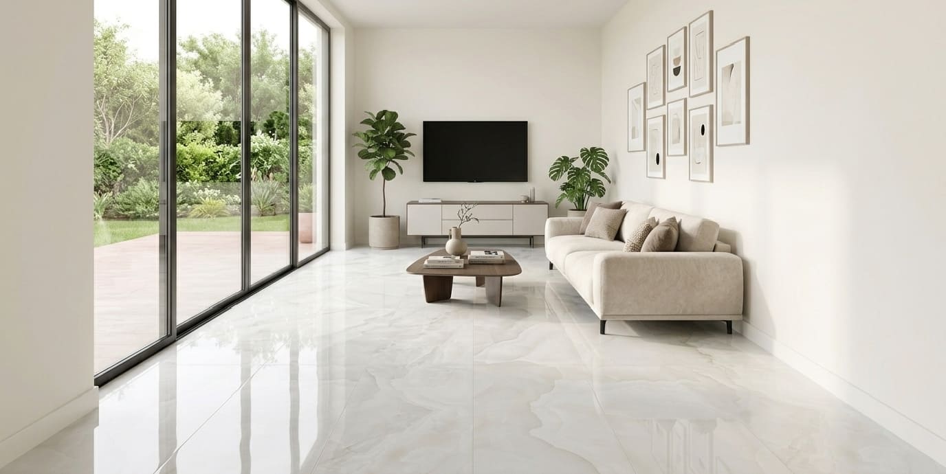 Onico Bianco 24x48 polished porcelain tile featuring a high-gloss crystalline white onyx look for luxury home design by The Flooring District in Tampa, Florida.