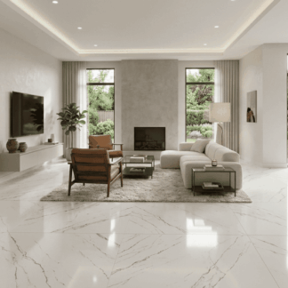 Ray White Polished 32x32 porcelain tile featuring a bright white base and subtle grey linear veining for a clean modern floor by The Flooring District in Tampa, Florida.