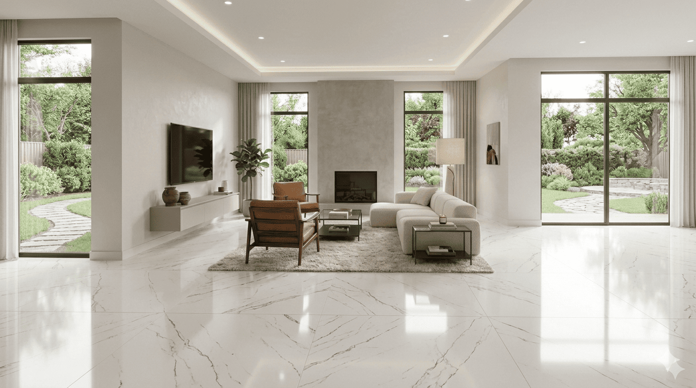 Ray White Polished 32x32 porcelain tile featuring a bright white base and subtle grey linear veining for a clean modern floor by The Flooring District in Tampa, Florida.