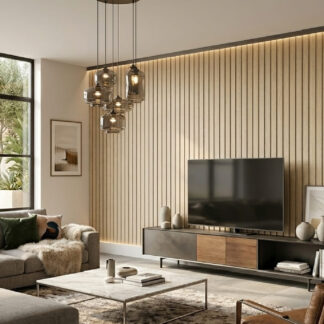 Viggo Arce 24x48 textured porcelain wall tile featuring a 3D fluted maple wood look for luxury accent walls by The Flooring District in Tampa, Florida.