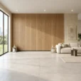 Viggo Fresno 24x48 Fluted Porcelain Wall Tile featuring warm natural wood tones, realistic wood grain, and elegant vertical grooves on a white background.