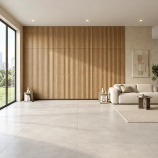 Viggo Fresno 24x48 Fluted Porcelain Wall Tile featuring warm natural wood tones, realistic wood grain, and elegant vertical grooves on a white background.