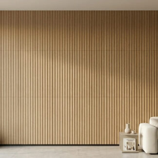 Viggo Fresno 24x48 textured porcelain wall tile featuring a 3D fluted ash wood look and honey-toast tones for luxury accent walls by The Flooring District in Tampa, Florida.