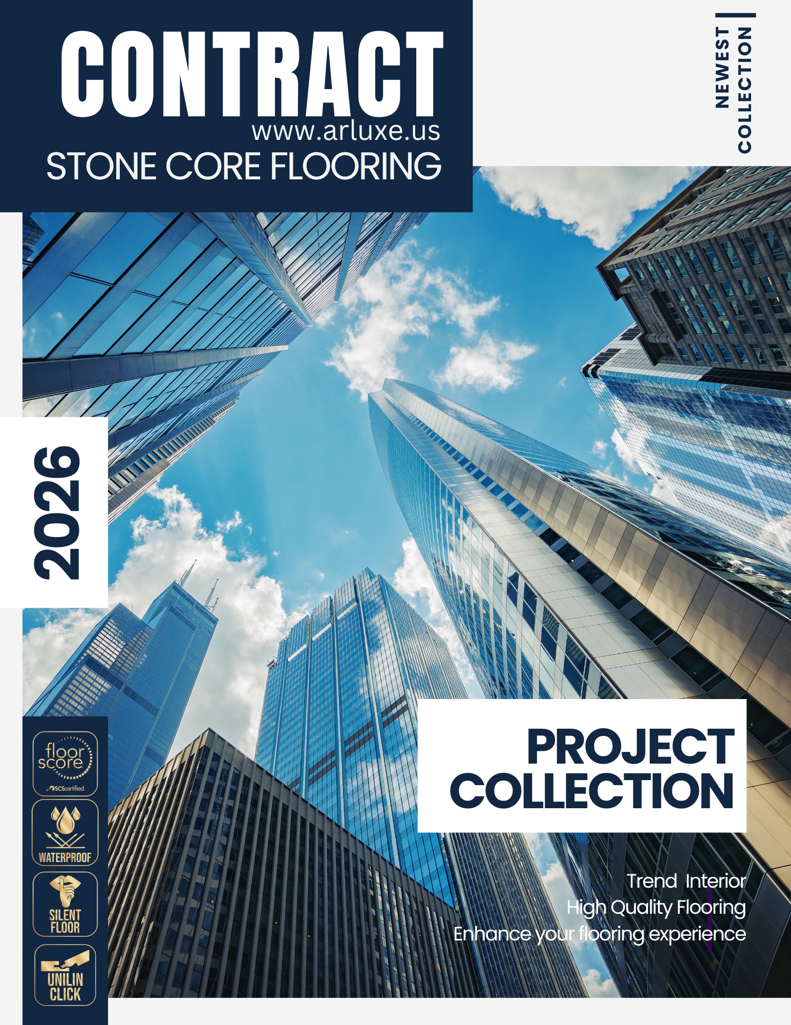 Contract Project Collection 2026 stone core flooring featuring waterproof, silent floor, and Unilin click technology for commercial and residential projects.