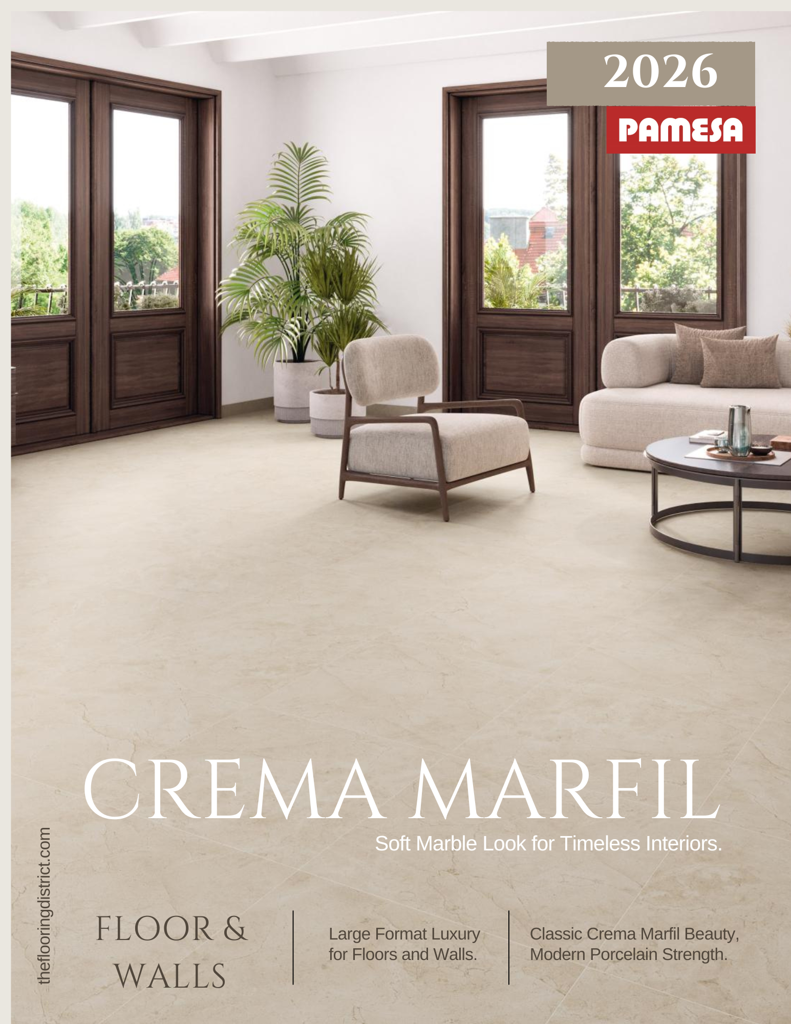 Crema Marfil porcelain tile by Pamesa Ceramic featuring a warm creamy marble-look design in 24x48, 48x48, and 40x40 inch sizes for floor and wall applications