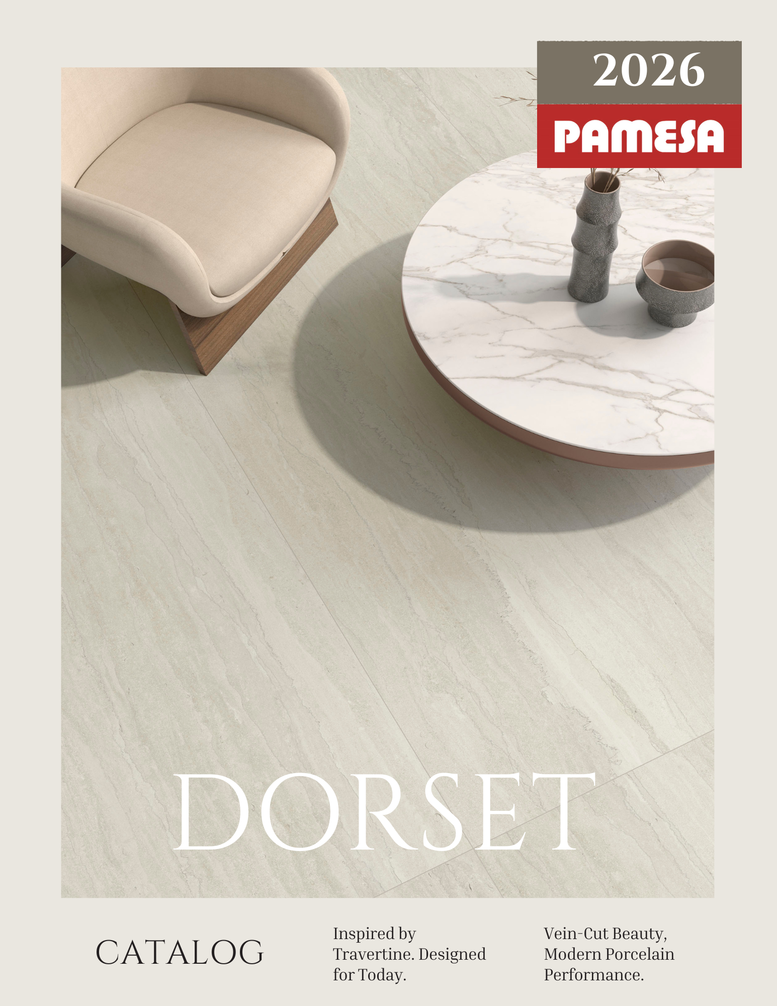 Dorset Porcelain Tile Collection by Pamesa with travertine vein-cut design, warm creamy colors, and fresh boho style for modern residential and commercial interiors
