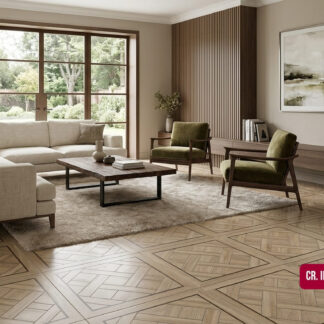 CR. Inza Almond 40x40 natural porcelain tile showcasing a classical European Versailles wood marquetry parquet design in a warm transitional home layout by The Flooring District in Tampa, Florida.