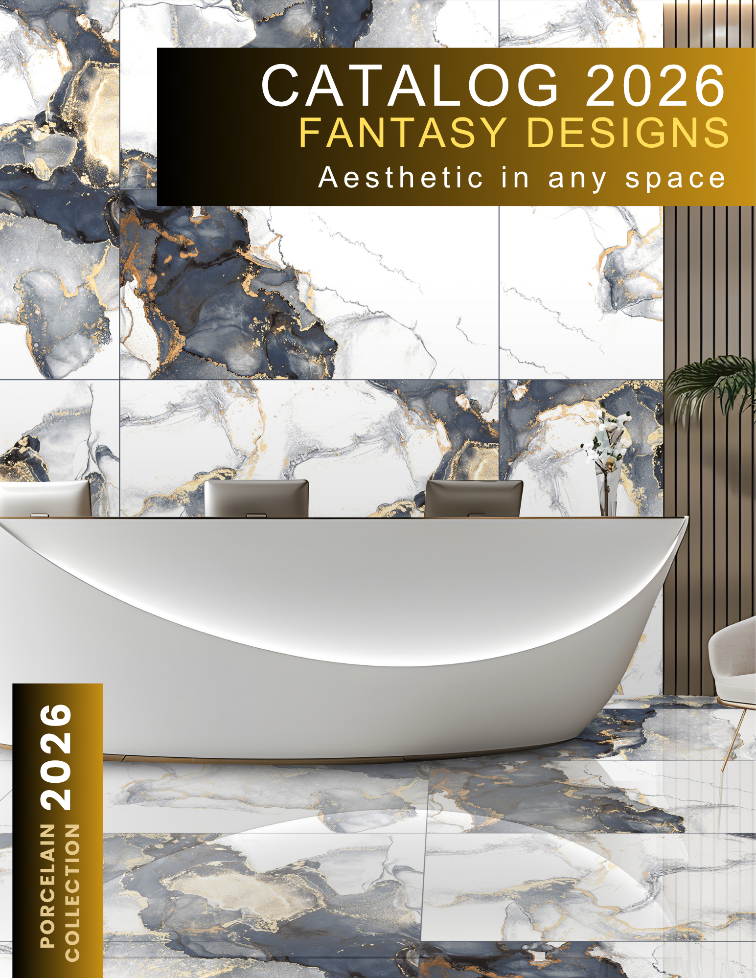 Fantasy Designs 2026 porcelain collection catalog featuring luxury marble-look porcelain tile for elegant modern interiors
