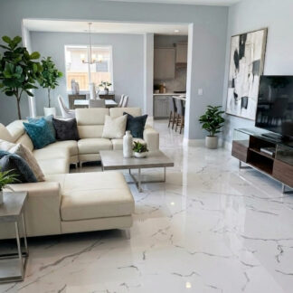 Iceland Newell Glossy 24x48 porcelain tile featuring a bright white base and bold charcoal grey veining for high-end accent walls and floors by The Flooring District in Tampa, Florida.