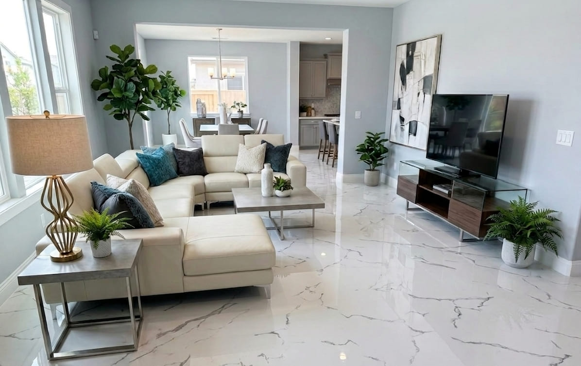 Iceland Newell Glossy 24x48 porcelain tile featuring a bright white base and bold charcoal grey veining for high-end accent walls and floors by The Flooring District in Tampa, Florida.