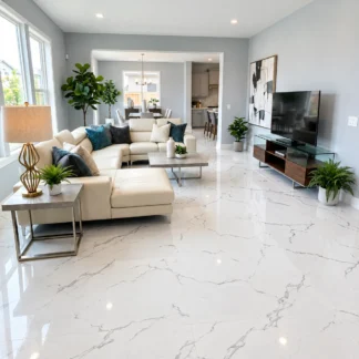 Iceland Newell Glossy 24x48 Porcelain Tile featuring a polished white marble look with elegant gray veining, displayed in a front-facing product view on a white background.