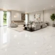 Perlino Bianco Matt 24x48 porcelain tile featuring a soft white marble look with fluid grey veining in a warm minimalist living room designed by The Flooring District in Tampa, Florida.