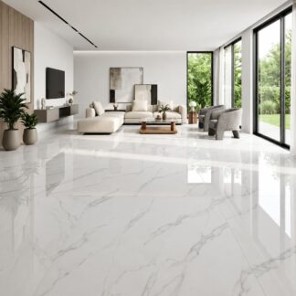 Alberth White Glossy 24x48 porcelain tile showcasing a high-gloss polished white marble look with fluid grey veining in a luxury open living room by The Flooring District in Tampa, Florida.
