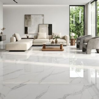 Alberth White Glossy 24x48 porcelain tile showcasing a high-gloss polished white marble look with fluid grey veining in a luxury open living room by The Flooring District in Tampa, Florida.