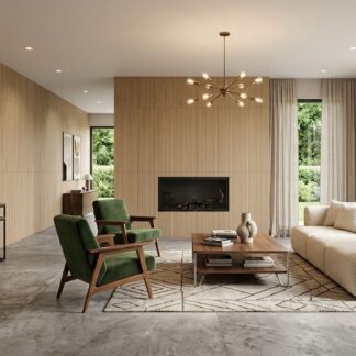 Astrale Haya 24x48 textured porcelain wall tile showcasing a 3D fine micro-fluted beechwood look and pale sand tones for Japandi interior design by The Flooring District in Tampa, Florida.