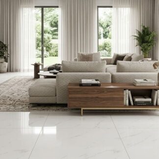 Calacatta Moza 32x32 glossy porcelain tile featuring a bright white base and parallel diagonal grey veining for an elegant home floor by The Flooring District in Tampa, Florida.